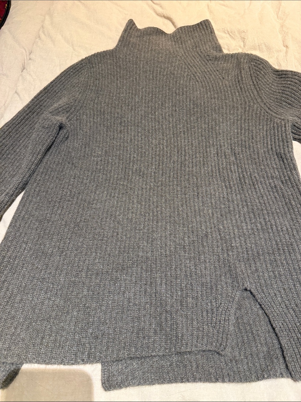 KIER + J Gray Brown Cashmere Ribbed Funnel Neck Sweater